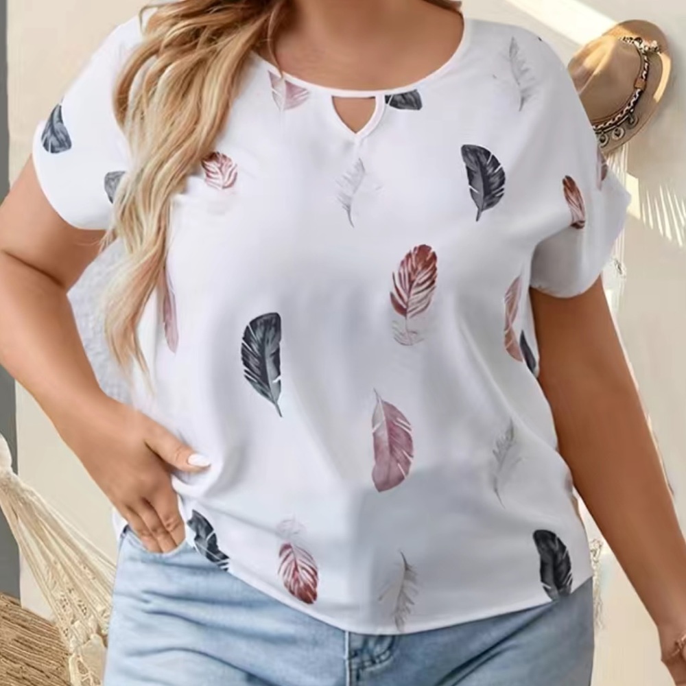 White & Multicolor Feather Cut Out Short Sleeve Curved Hem Top 1X